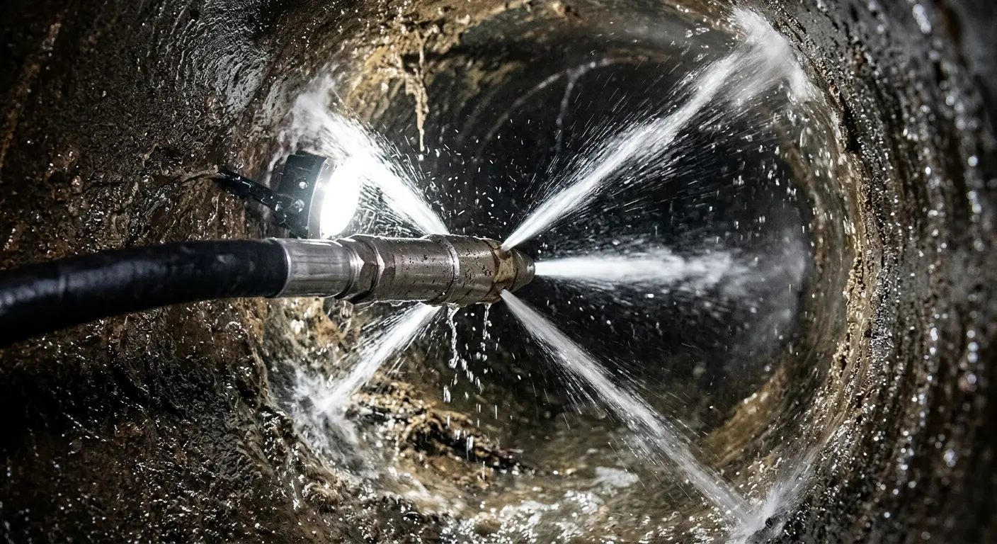 High-pressure hydro jetting nozzle cleaning sewer pipe for Sewer Cleanout in Fairfax