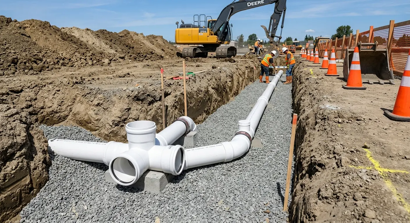 New PVC sewer pipe installation in open trench for Sewer Backup in Fairfax